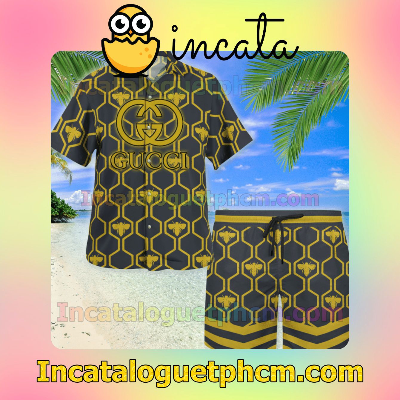 Gucci Bee Hive Pattern Summer Men's Casual Short Sleeve Shirt Swim Trunks