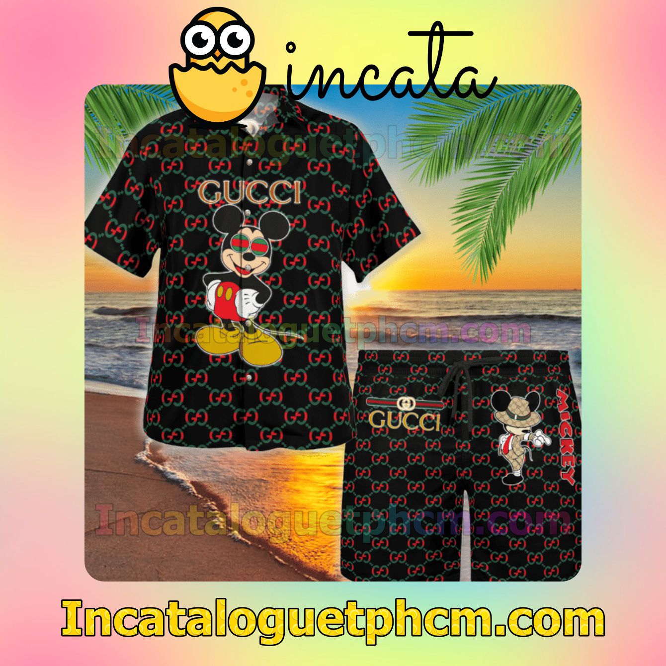 Gucci GG Mickey Mouse Summer Men's Casual Short Sleeve Shirt Swim Trunks