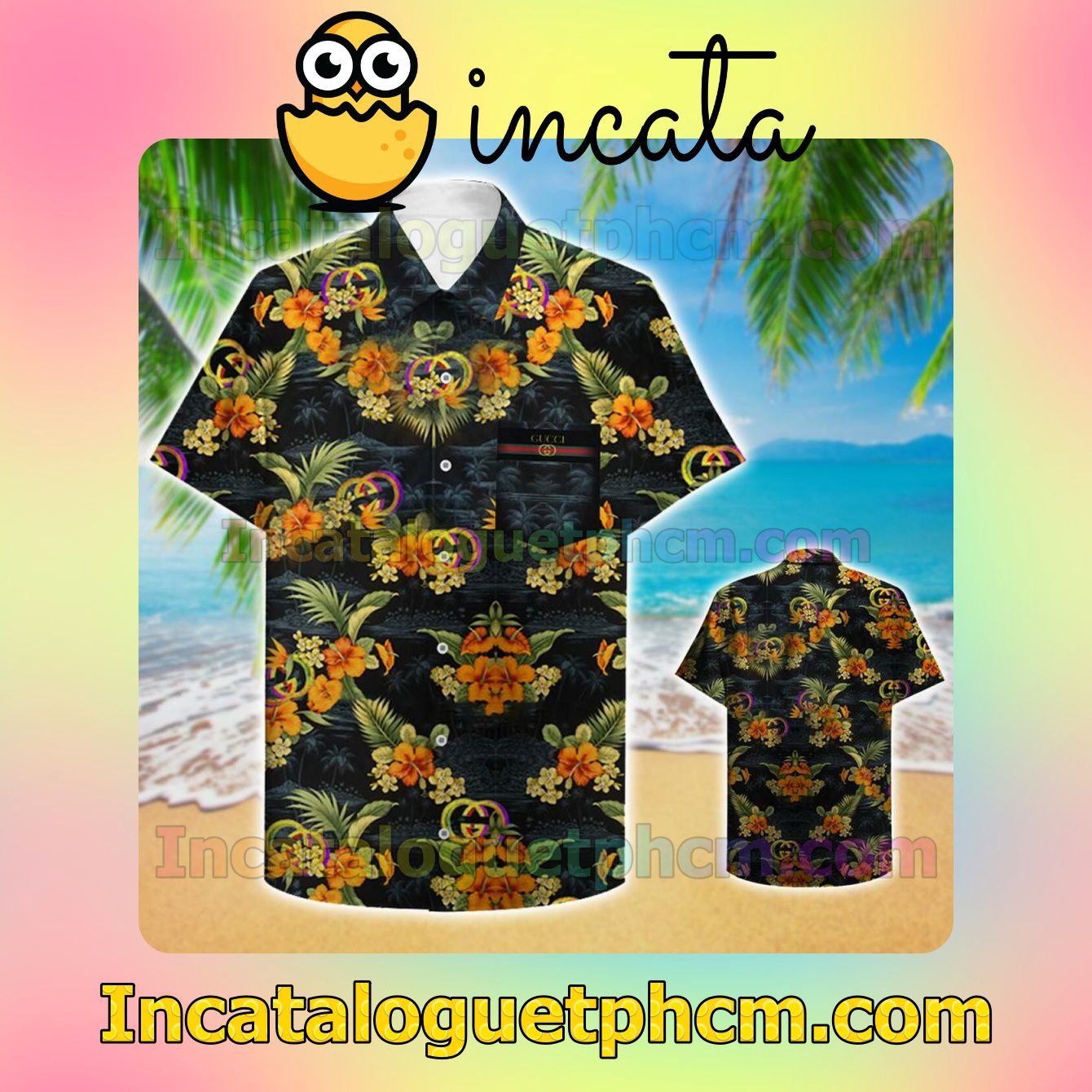 Gucci Hibiscus Tropical Pattern Black Custom Short Sleeve Shirt