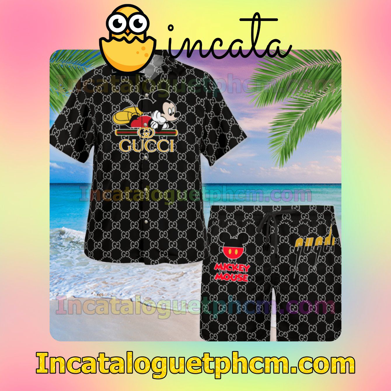 Gucci Mickey Mouse Black Monogram Summer Men's Casual Short Sleeve Shirt Swim Trunks