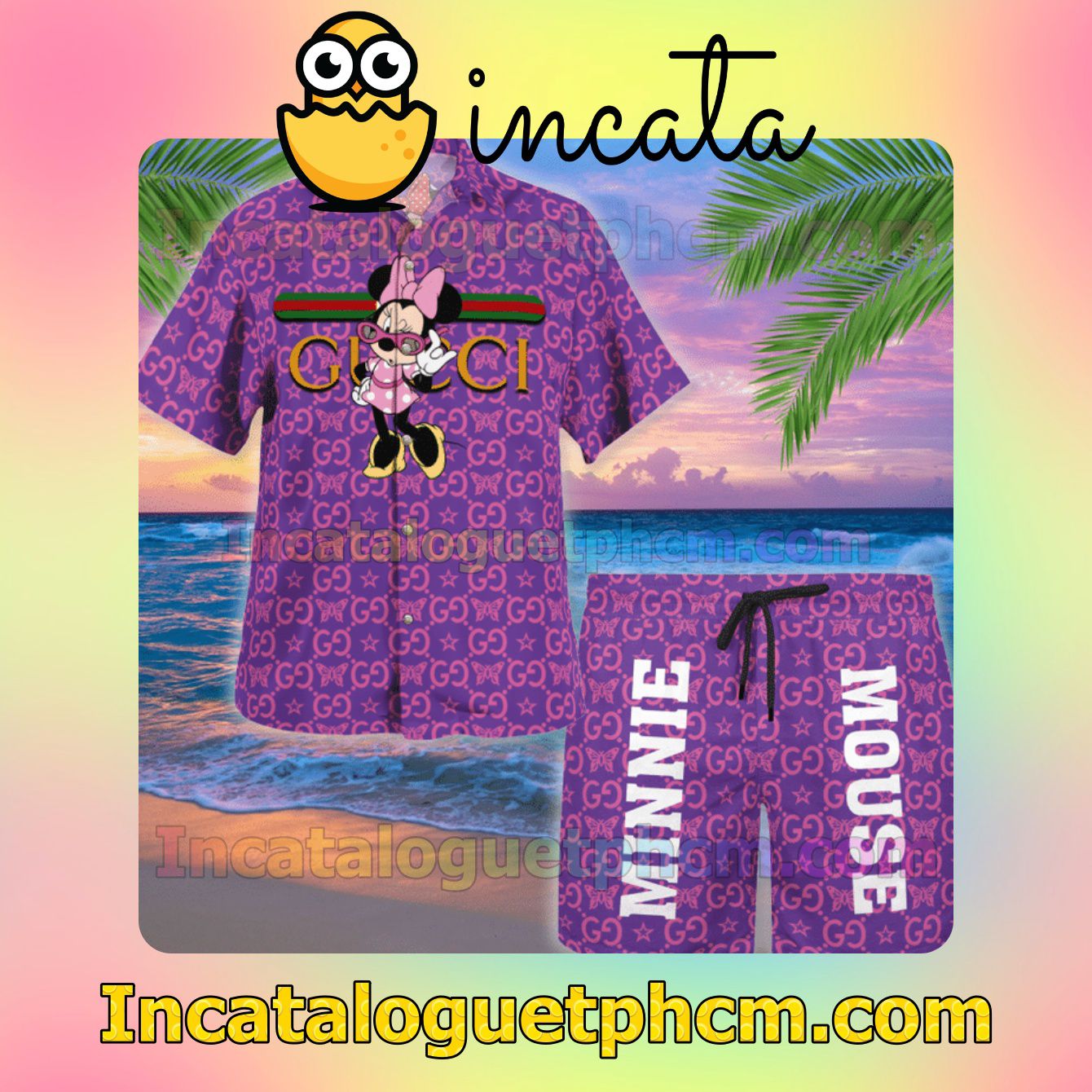 Gucci Minnie Mouse Butterfly Purple Summer Men's Casual Short Sleeve Shirt Swim Trunks