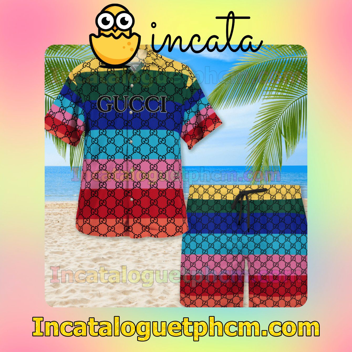 Gucci Monogram Multicolor Horizontal Stripes Summer Men's Casual Short Sleeve Shirt Swim Trunks