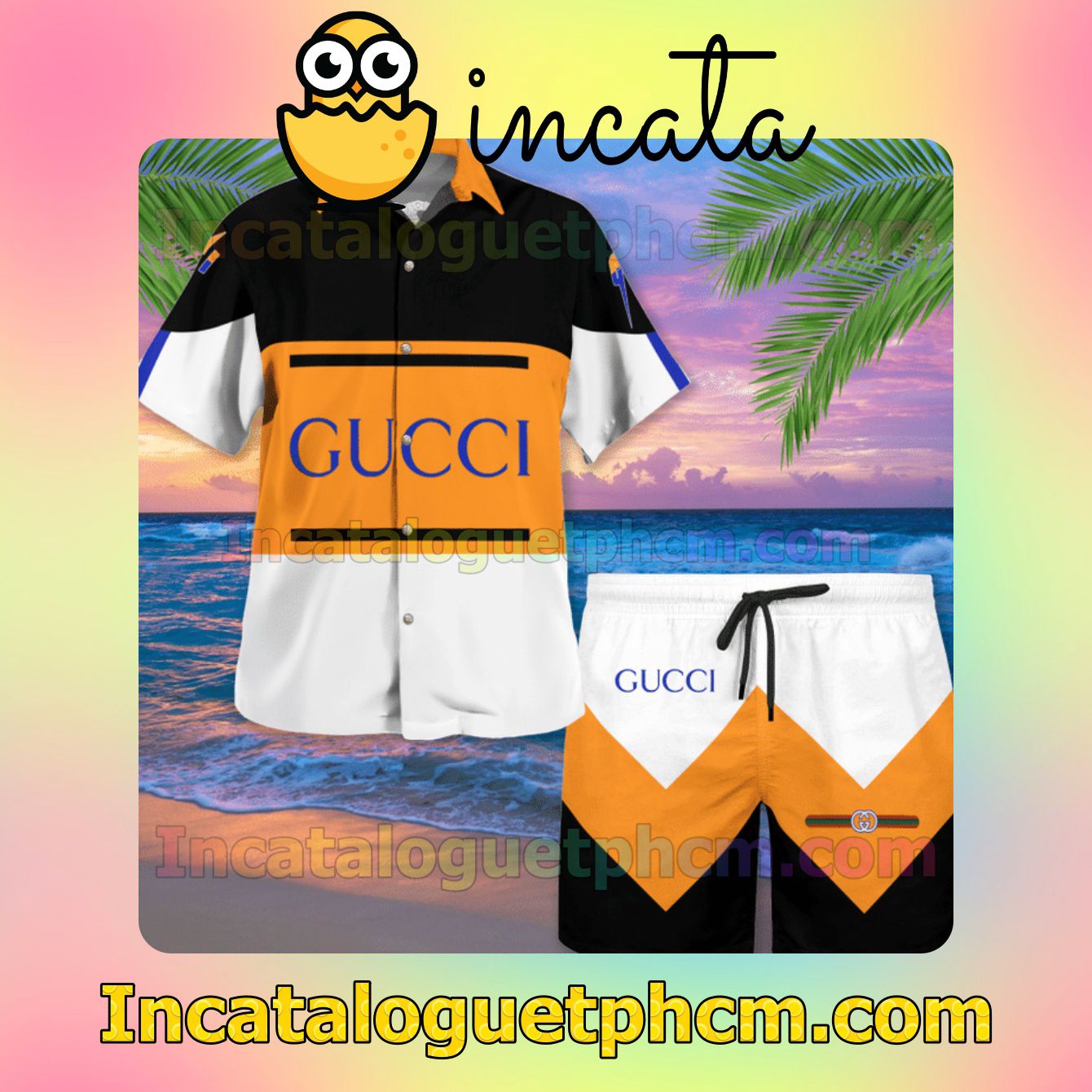 Gucci Orange Black And White Stripes Summer Men's Casual Short Sleeve Shirt Swim Trunks