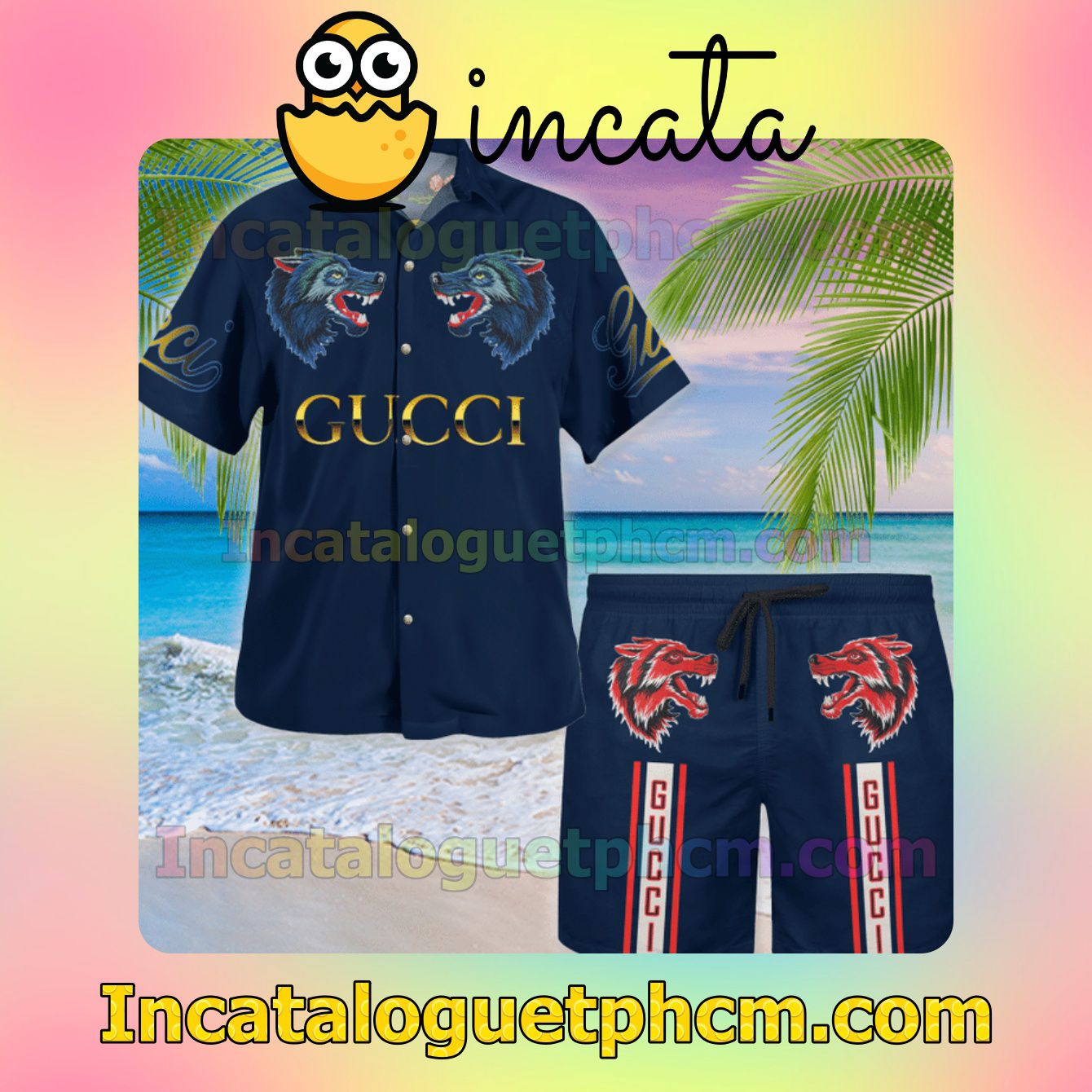 Gucci Wofl Navy Summer Men's Casual Short Sleeve Shirt Swim Trunks
