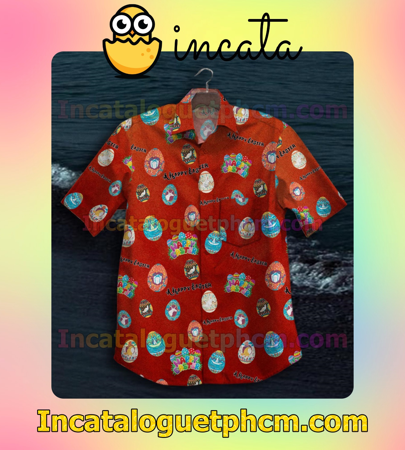 Happy Easter Eggs Print Red Mens Short Sleeve Shirts