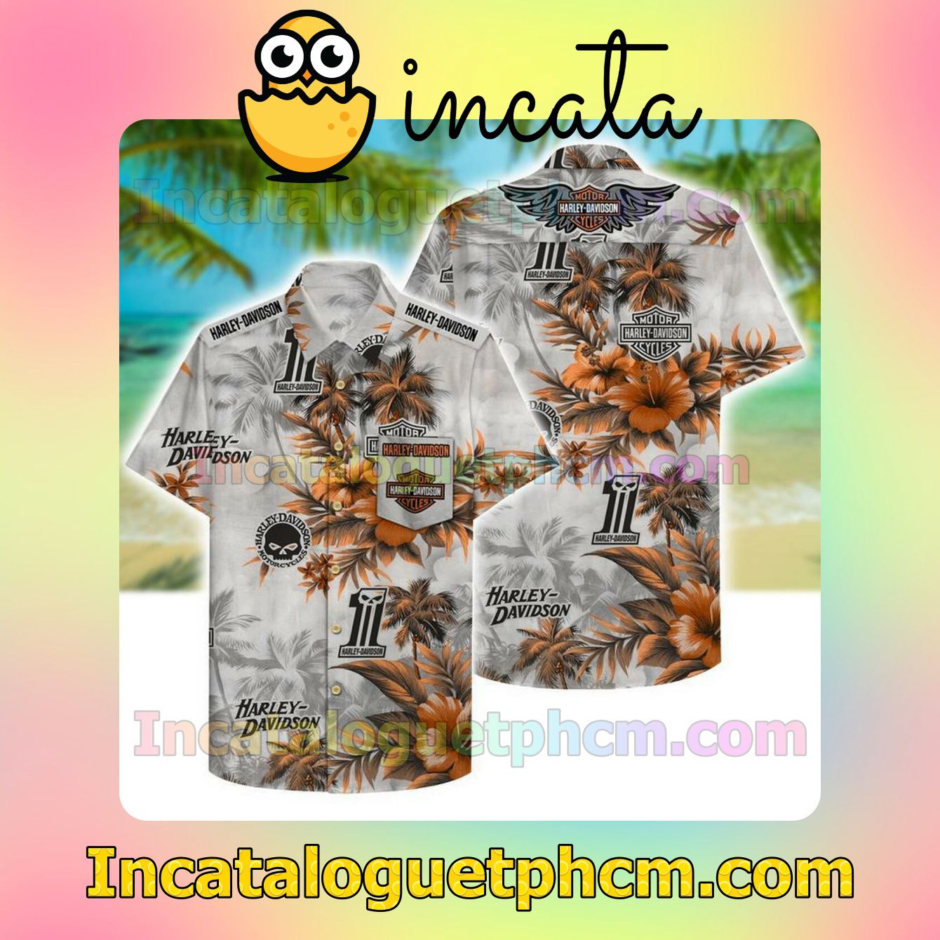 Harley Davidson Floral Palm Tree Grey Short Sleeve Shirt