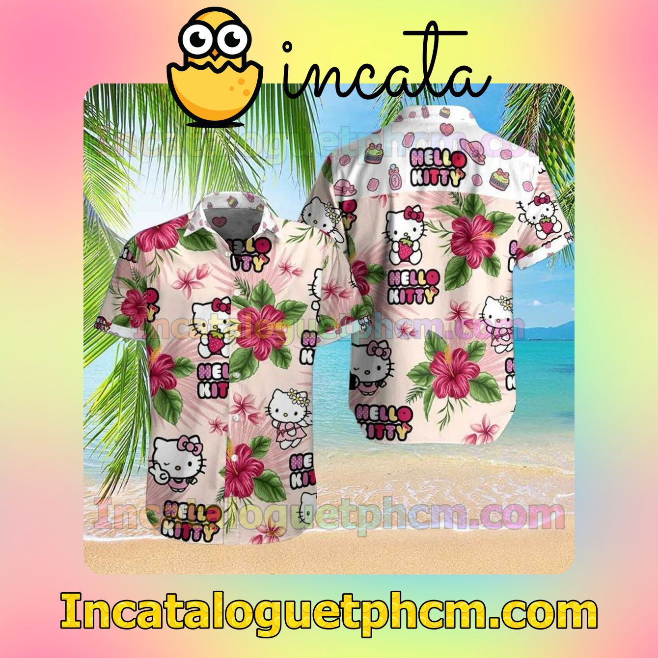 Hello Kitty Hibiscus Flower Pinkish White Custom Short Sleeve Shirt