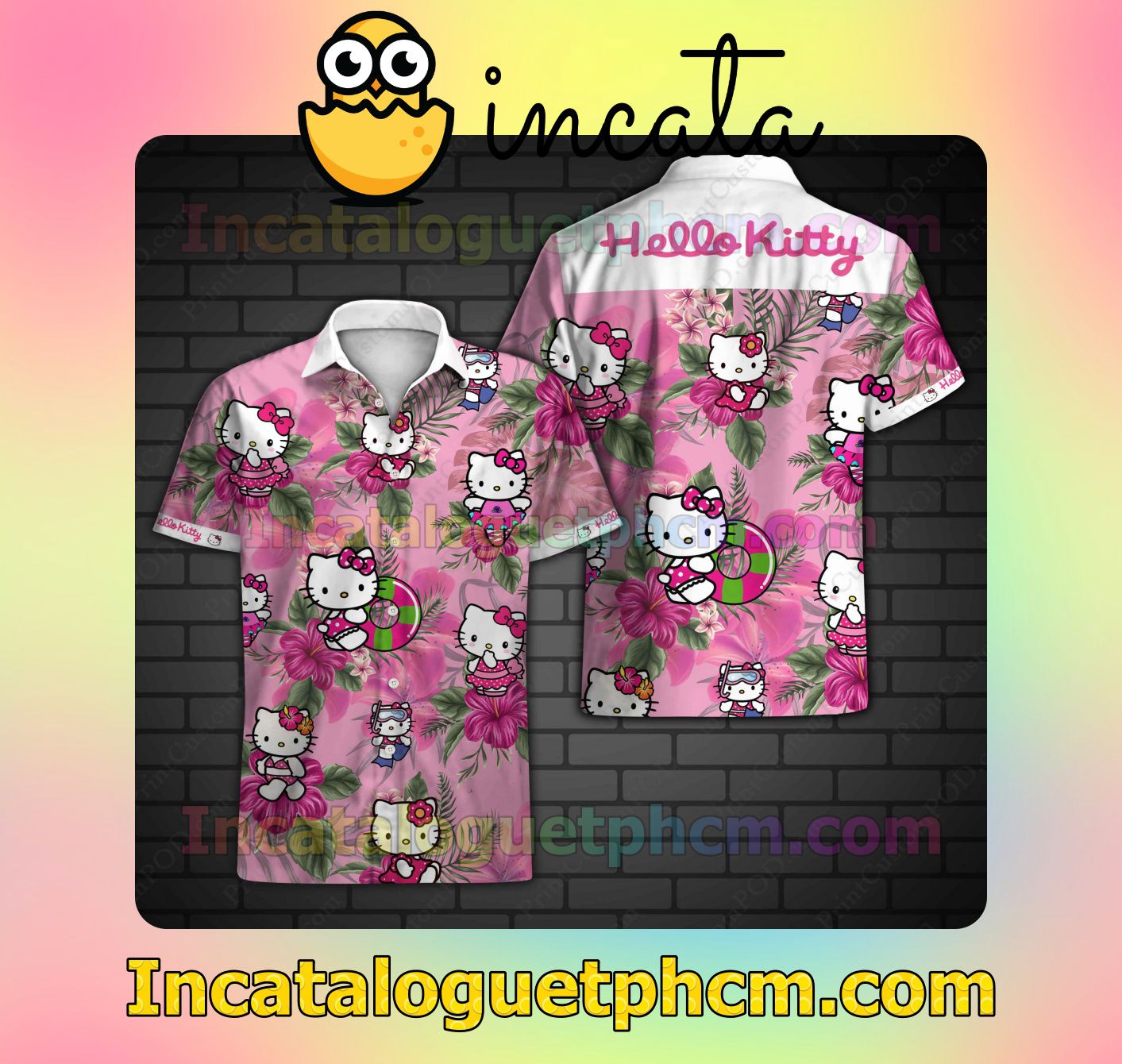 Hello Kitty Hibiscus Flower Tropical Pink Men's Casual Shirts