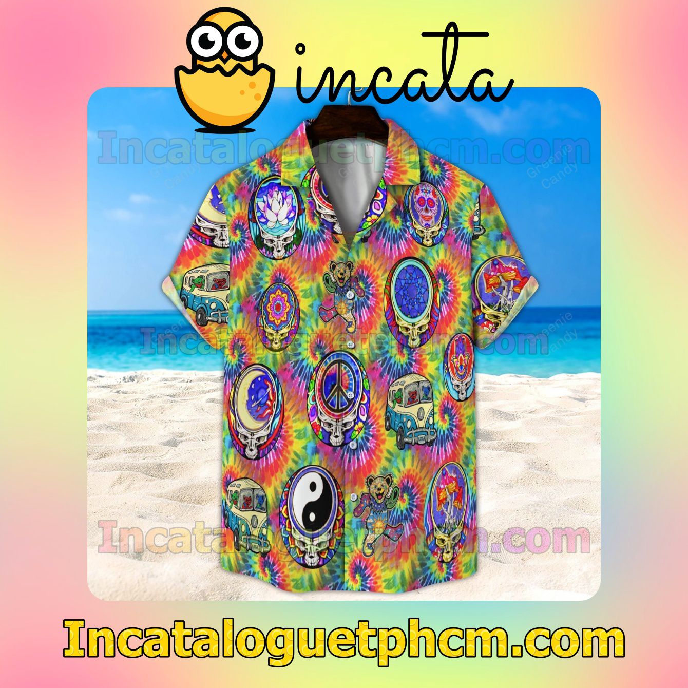 Hippie Grateful Dead Tiedye Pattern Button Shirt And Swim Trunk