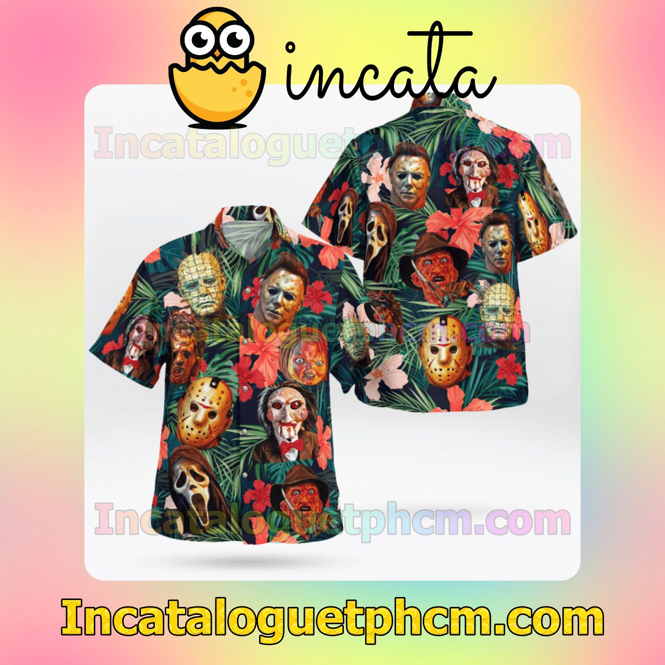 Horror Characters Tropical Hibiscus Palm Leaves Mens Short Sleeve Shirts