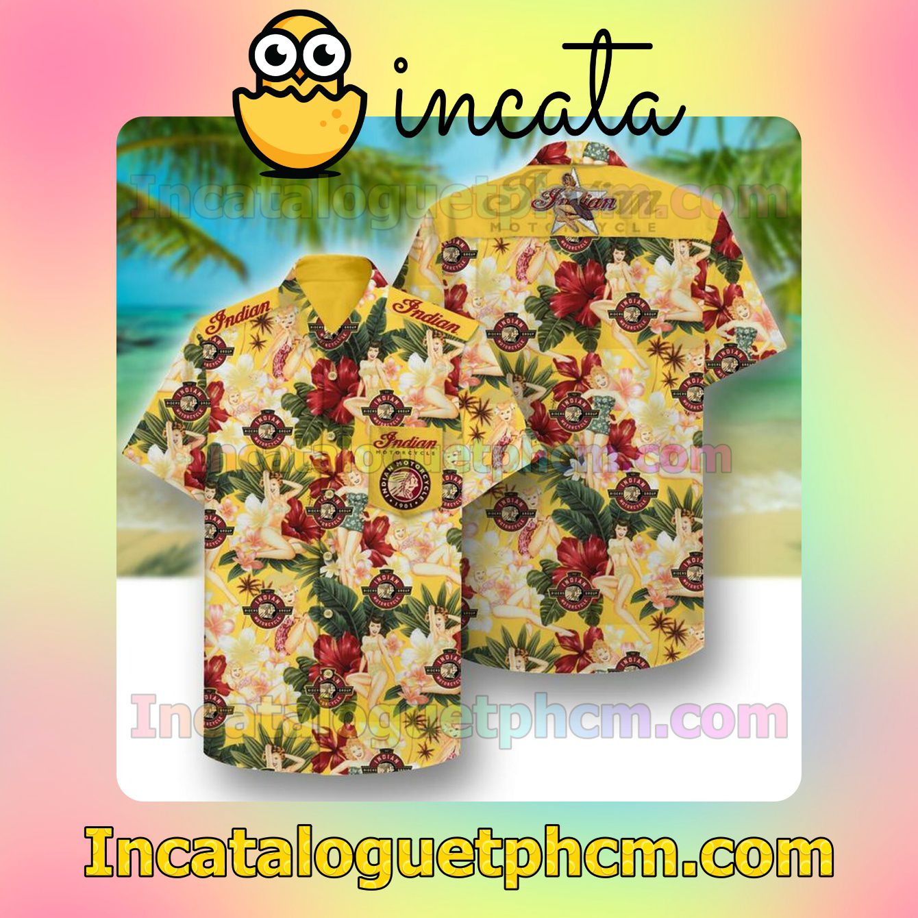 Indian Motorcycle Yellow Tropical With Girl And Hibiscus Short Sleeve Shirt