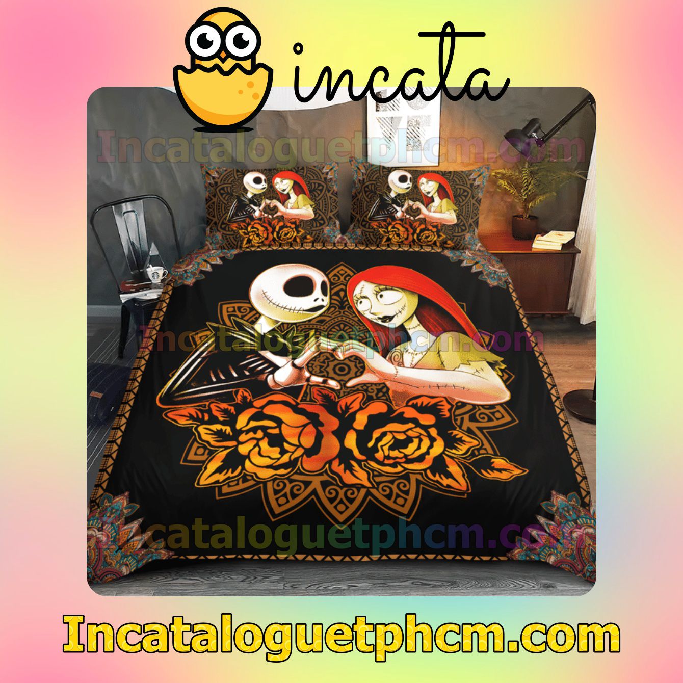 Us Store Jack And Sally Love Orange Mandala Flower Bed Covers Bedroom Set
