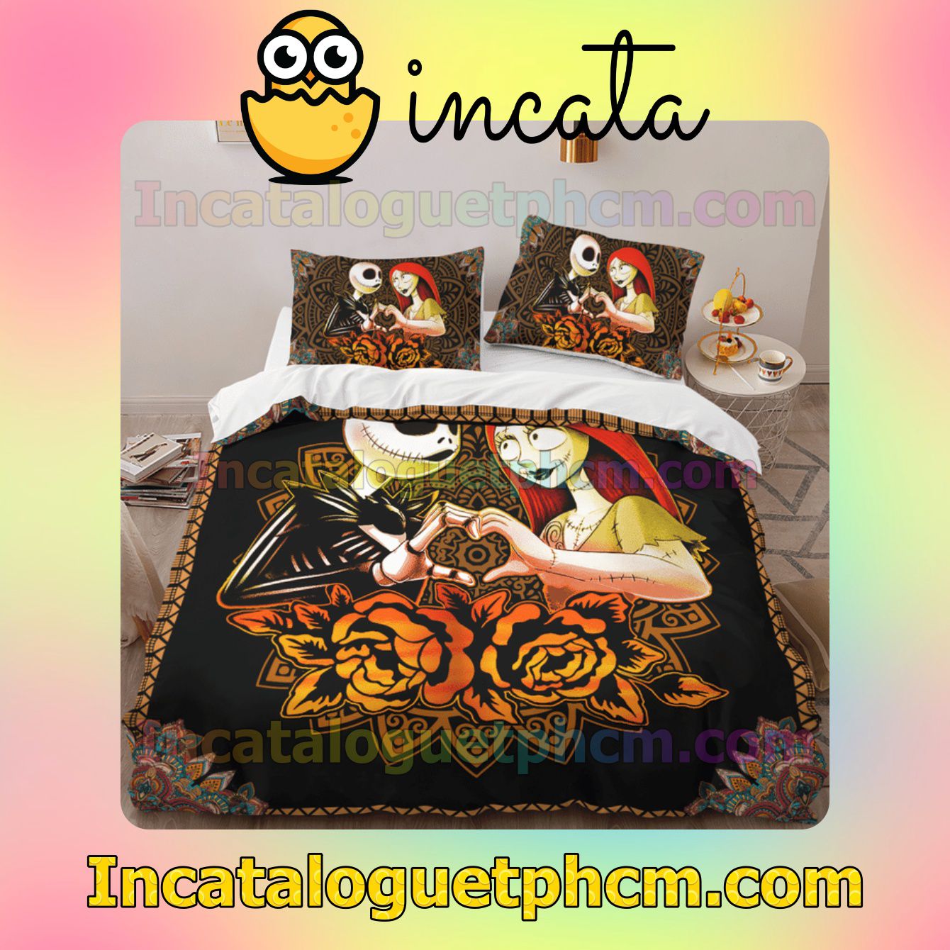 Free Ship Jack And Sally Love Orange Mandala Flower Bed Covers Bedroom Set