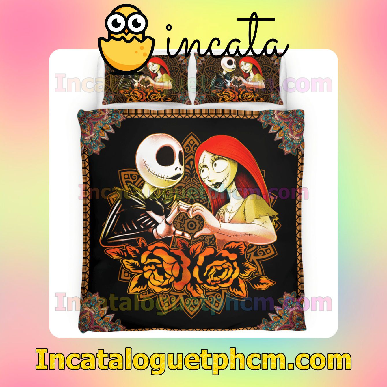 Funny Tee Jack And Sally Love Orange Mandala Flower Bed Covers Bedroom Set