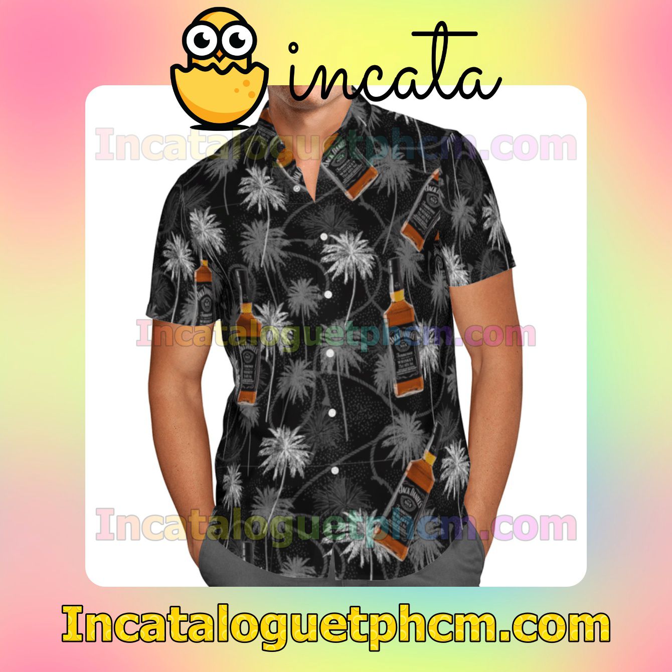 Jim Beam Bourbon Colorful Flowery Button Shirt And Swim Trunk