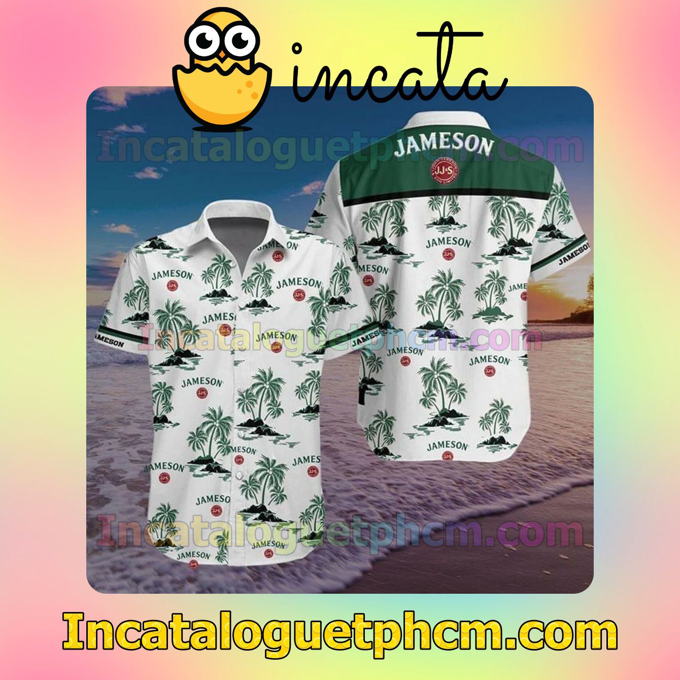 Jameson Green Palm Tree White Short Sleeve Shirt