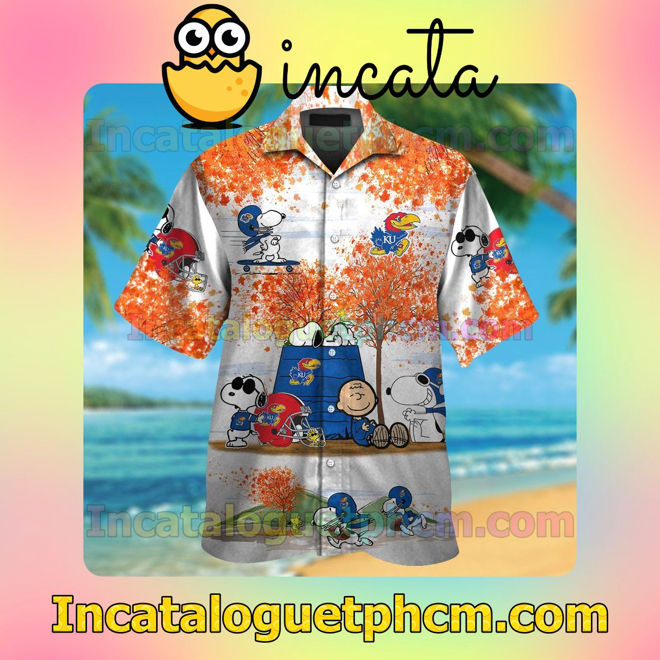 Kansas Jayhawks Snoopy Autumn Beach Vacation Shirt, Swim Shorts