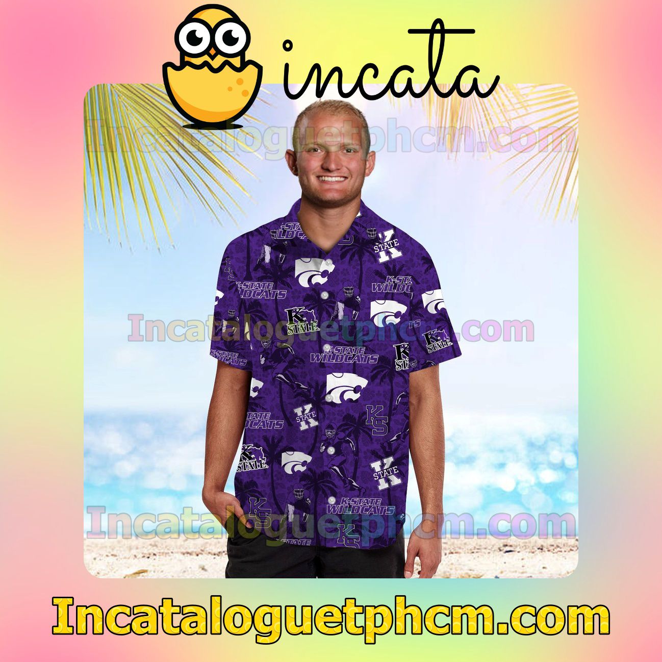 Kansas State Wildcats Tropical Coconut Tree Beach Vacation Shirt, Swim Shorts