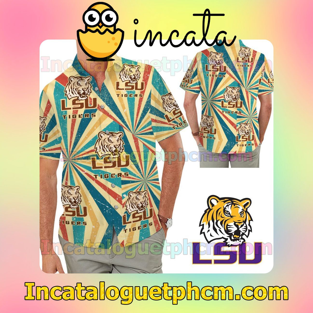 LSU Tigers Retro Vintage Style Beach Vacation Shirt, Swim Shorts