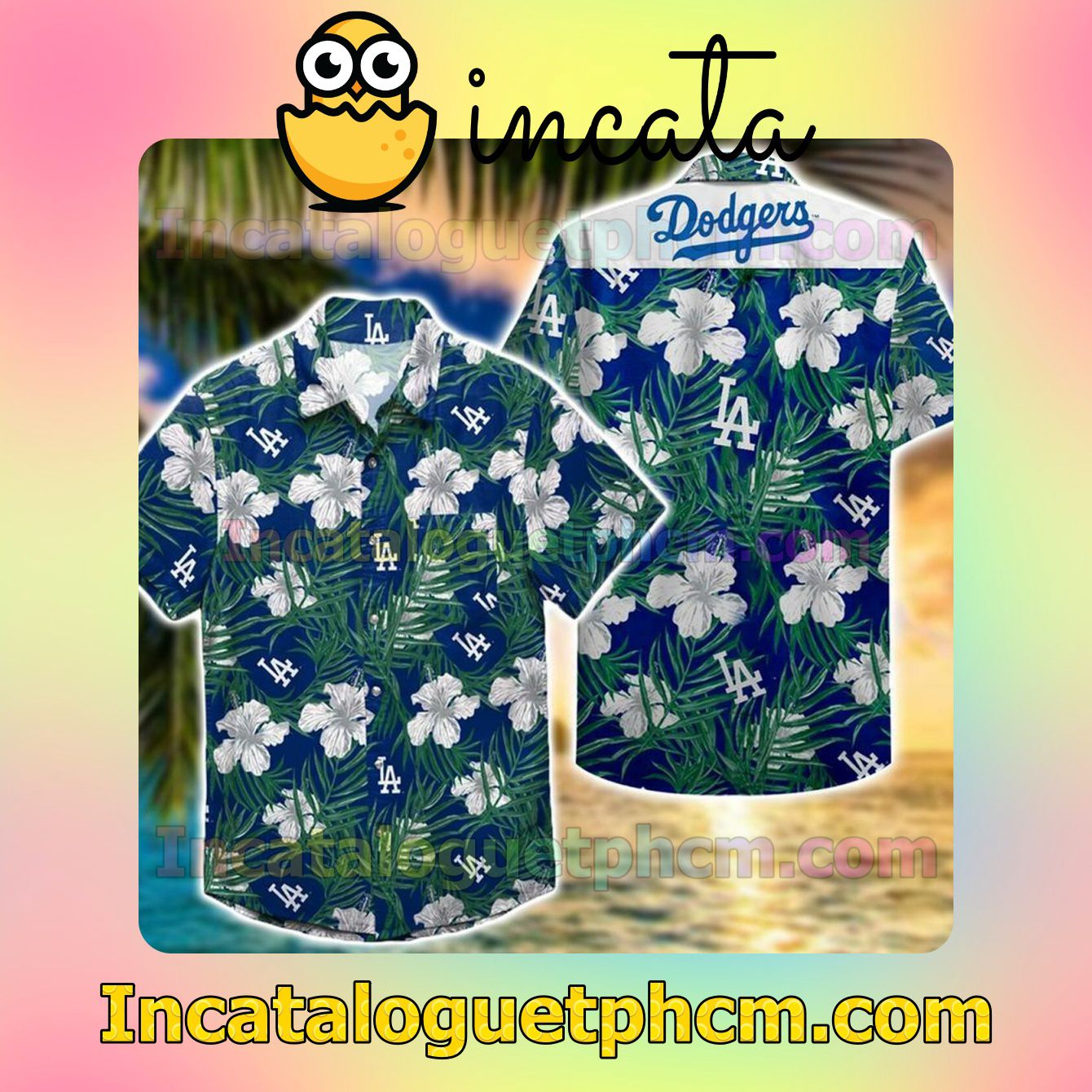 La Dodgers White Hibiscus And Green Palm Leaves Short Sleeve Shirt