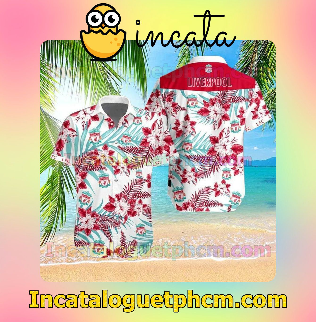 Liverpool Hibiscus Palm Leaves Tropical Red White Short Sleeve Shirt