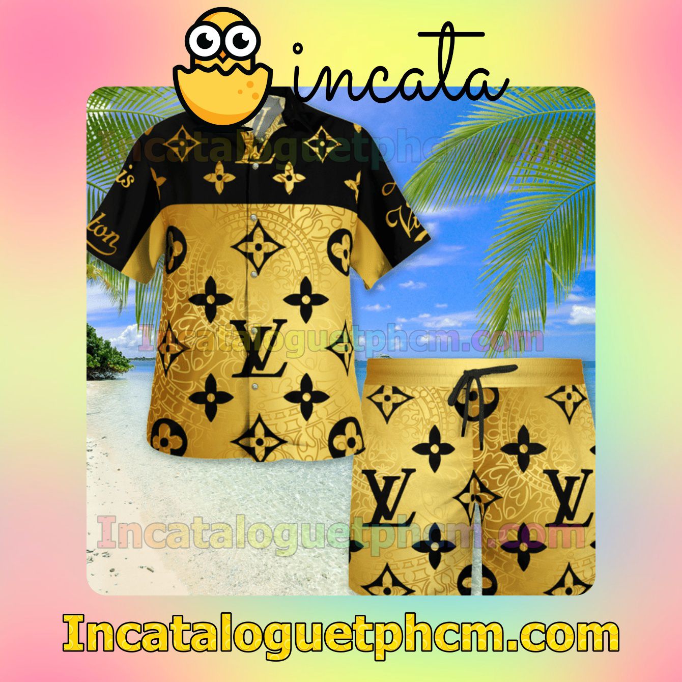 Louis Vuitton Monogram Black Mix Gold Summer Men's Casual Short Sleeve Shirt Swim Trunks