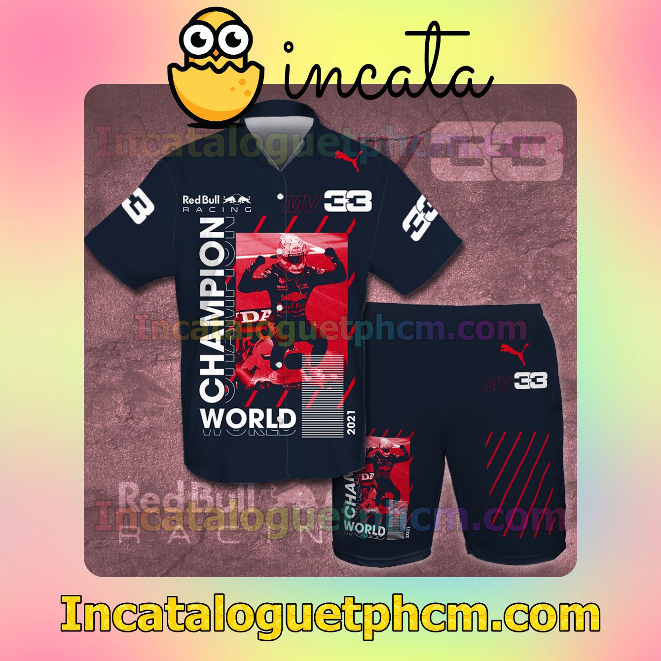 Oracle Red Bull Racing Palm Tree Pattern Red Navy Button Shirt And Swim Trunk