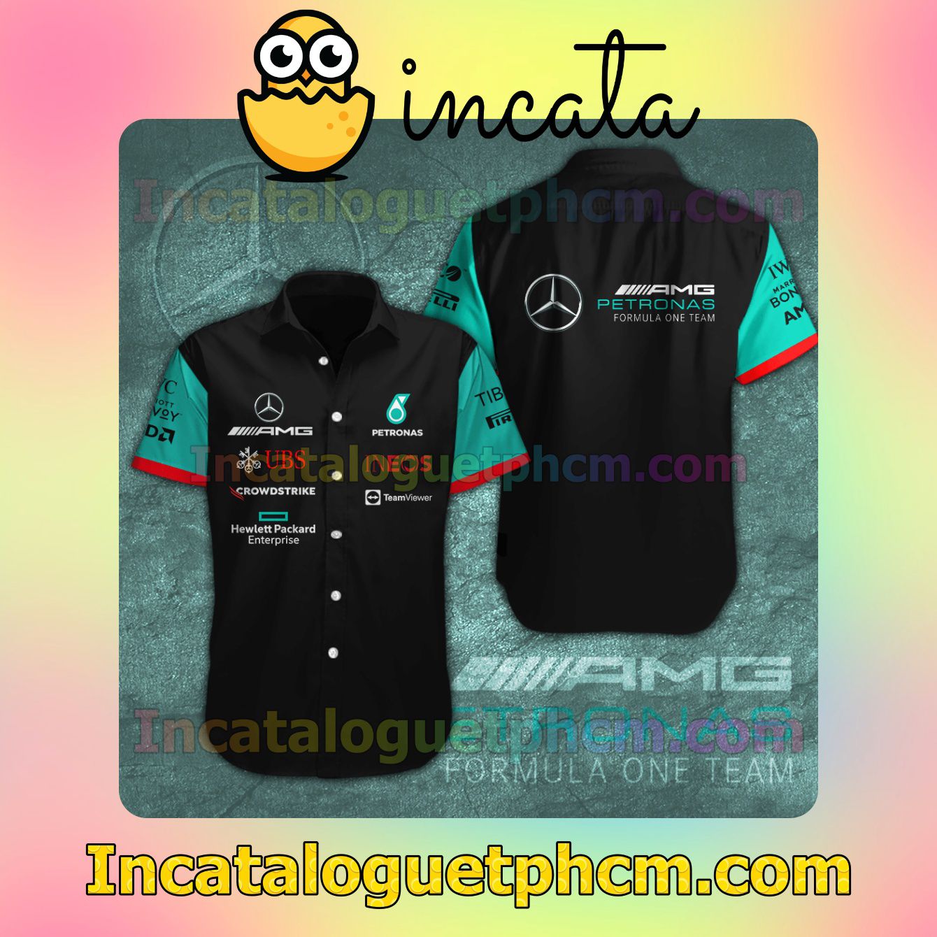 Mercedes AMG Petronas F1 Palm Leaves Turquoise Button Shirt And Swim Trunk