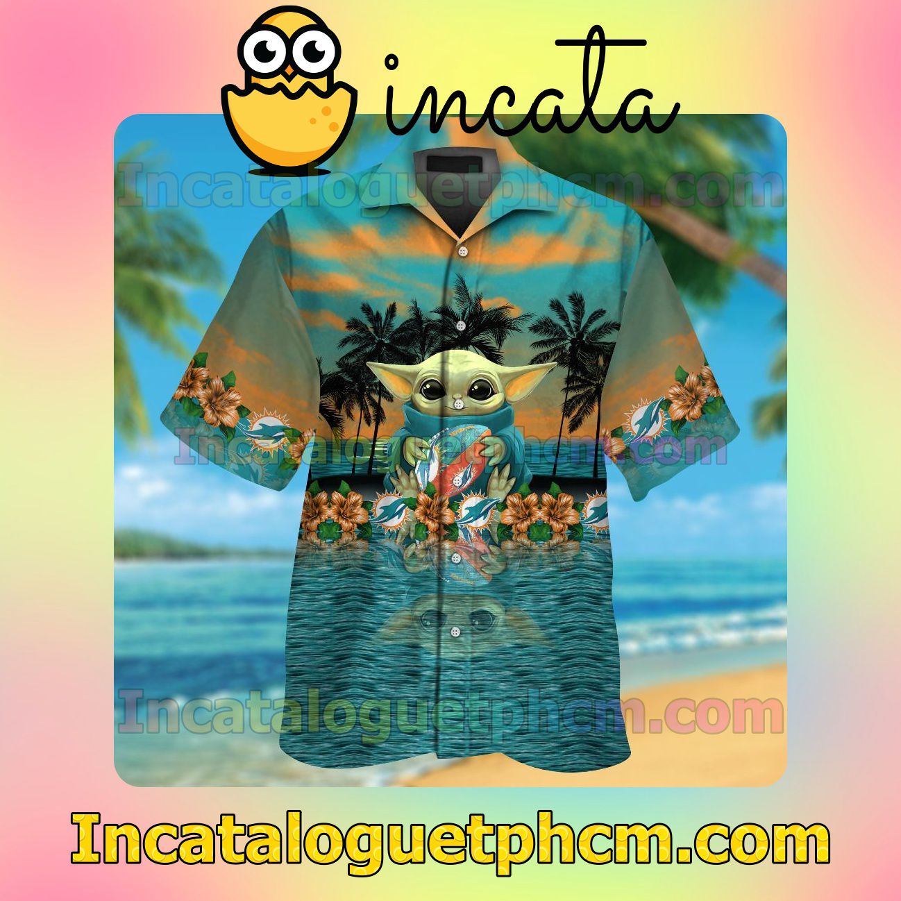 Miami Dolphins & Baby Yoda Beach Vacation Shirt, Swim Shorts