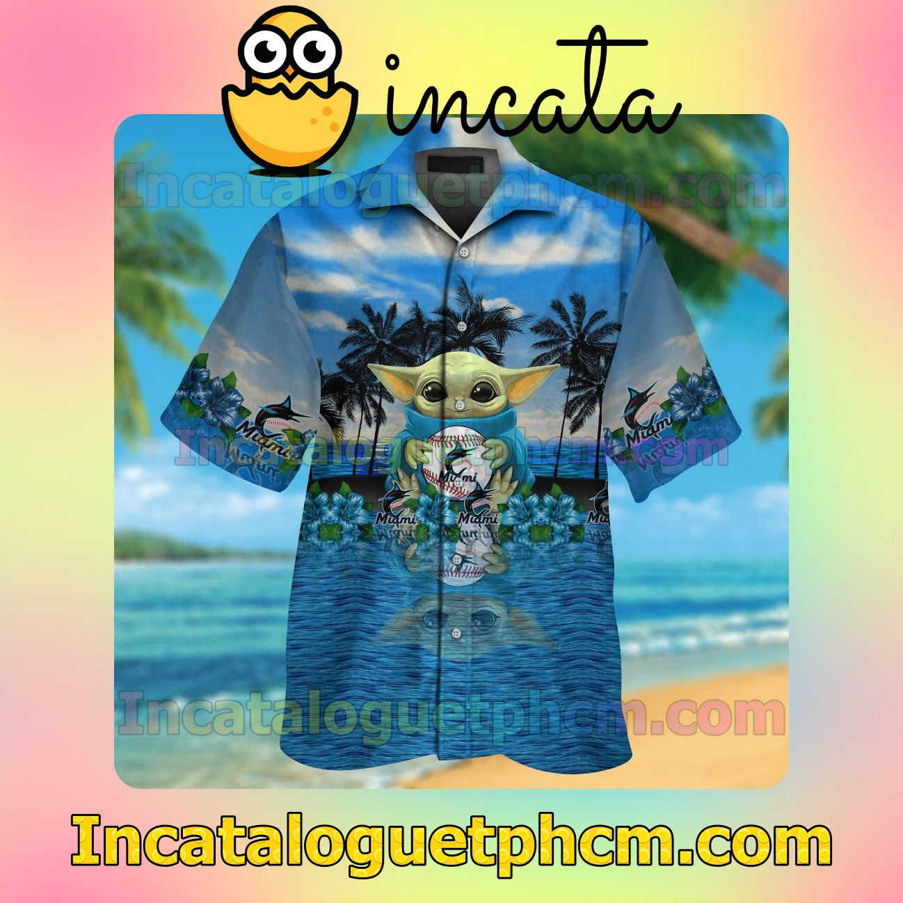 Miami Marlins & Baby Yoda Beach Vacation Shirt, Swim Shorts