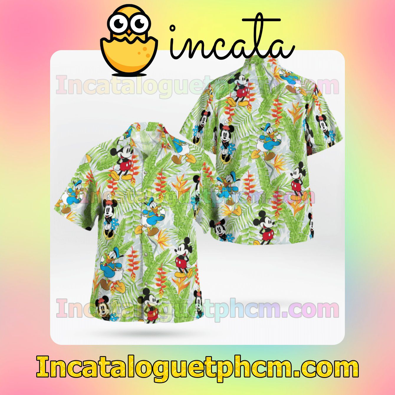 Mickey And Donald Banana Leaf And Flower Mens Short Sleeve Shirts