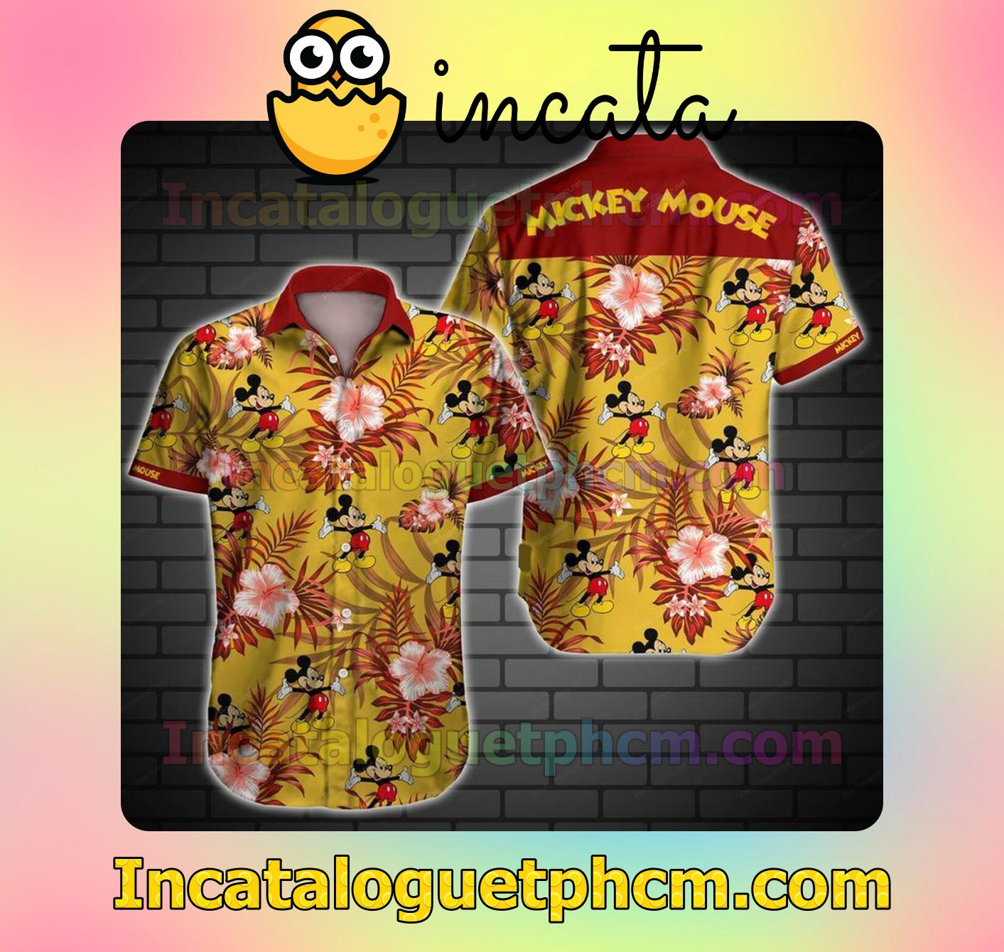 Mickey Mouse Red Hibiscus Palm Leaves Yellow Custom Short Sleeve Shirt