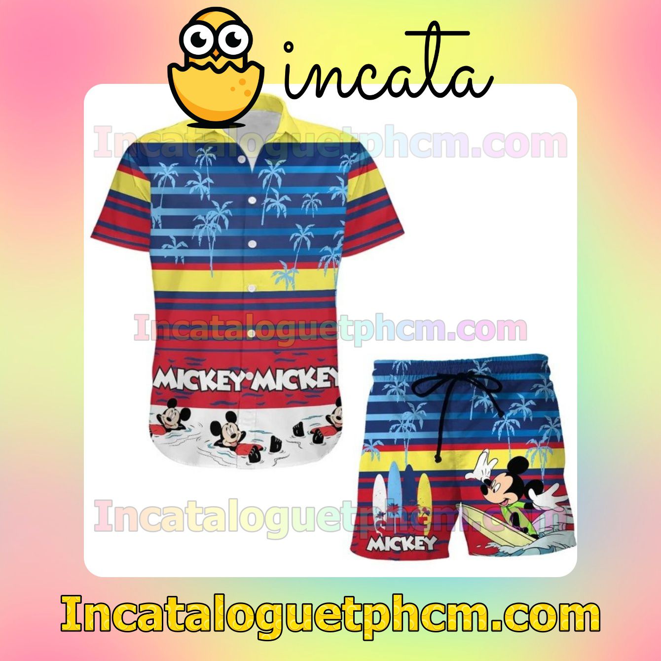 Mickey Mouse Rainbow Stripe Disney Cartoon Graphics White Button Shirt And Swim Trunk