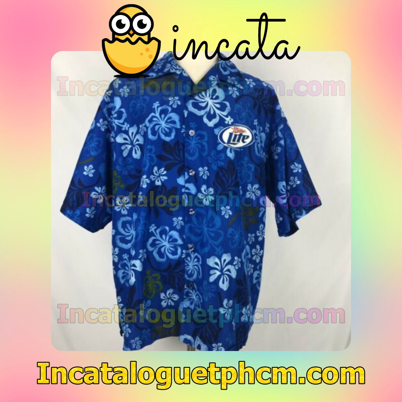 Miller Lite Blue Floral Hibiscus Mens Short Sleeve Shirt