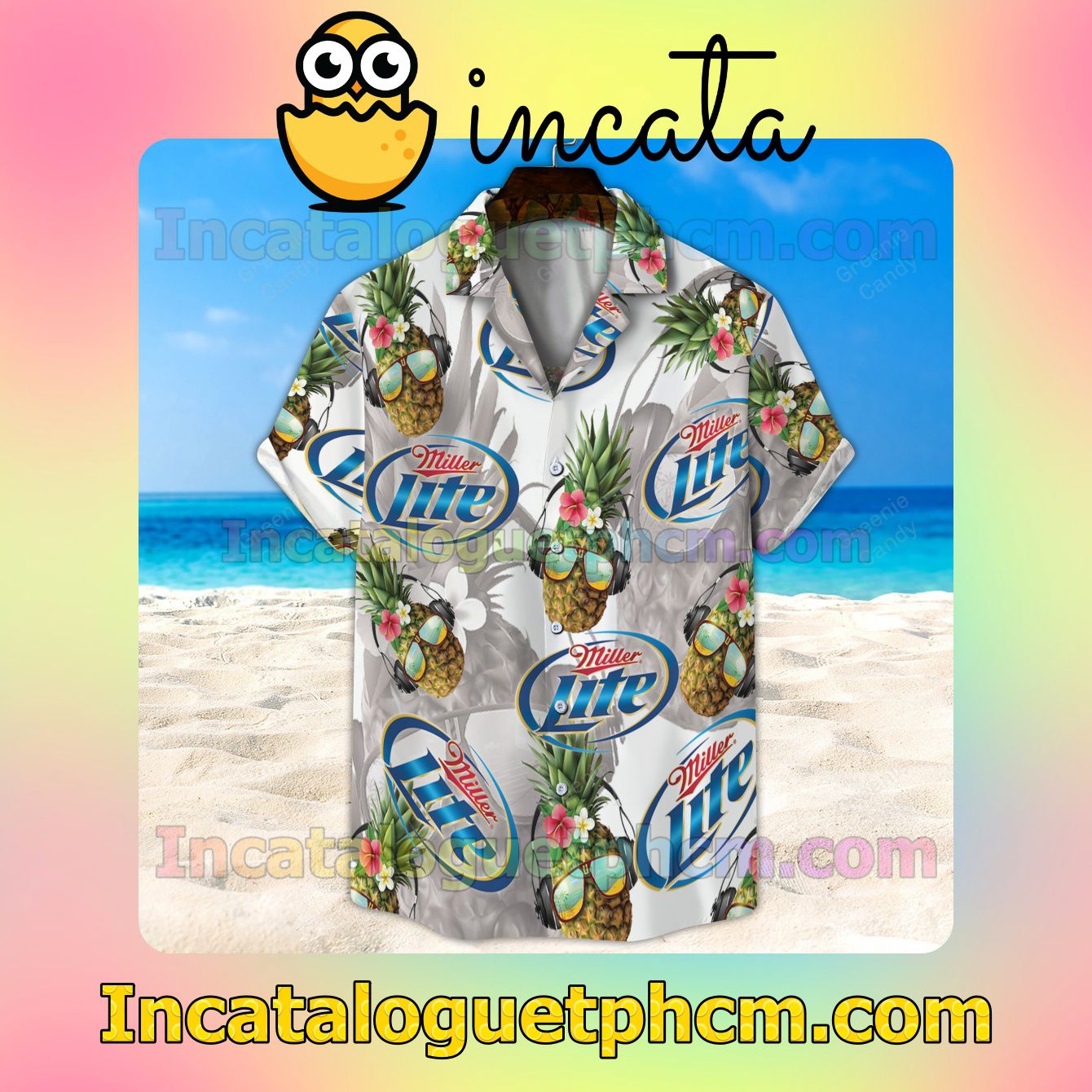 Miller Lite Funny Pineapple Unisex Button Shirt And Swim Trunk