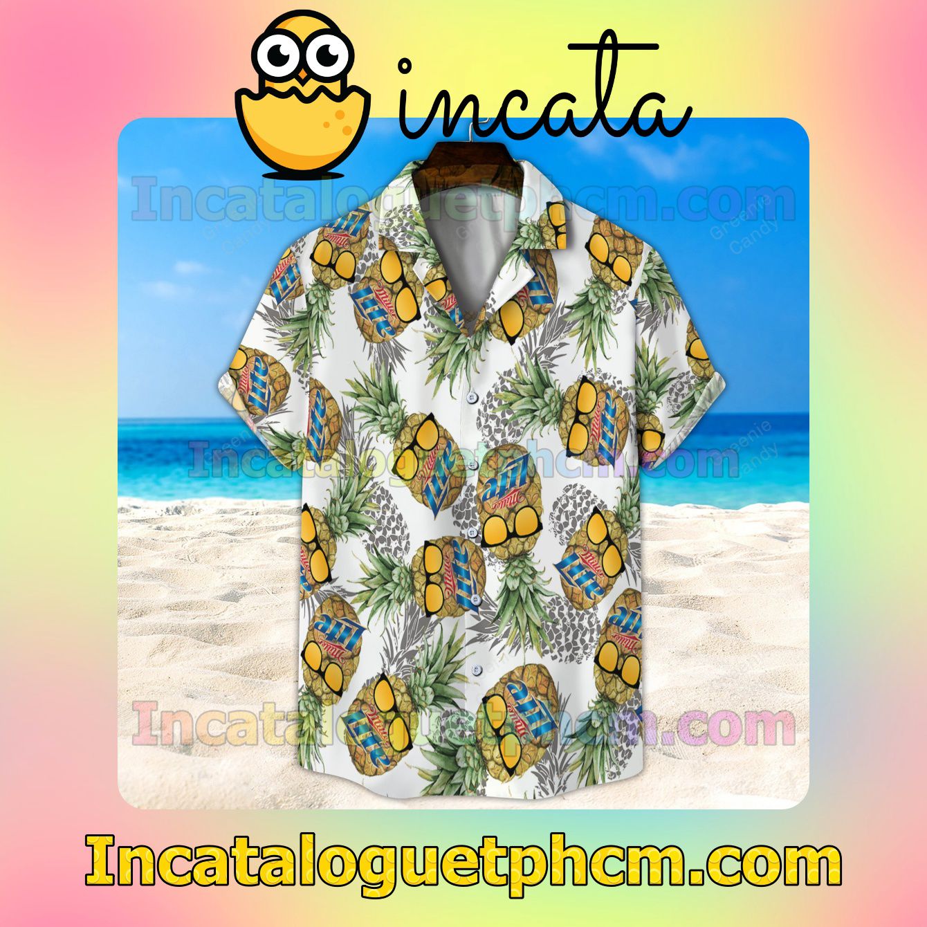 Miller Lite Funny Pineapple Unisex White Button Shirt And Swim Trunk