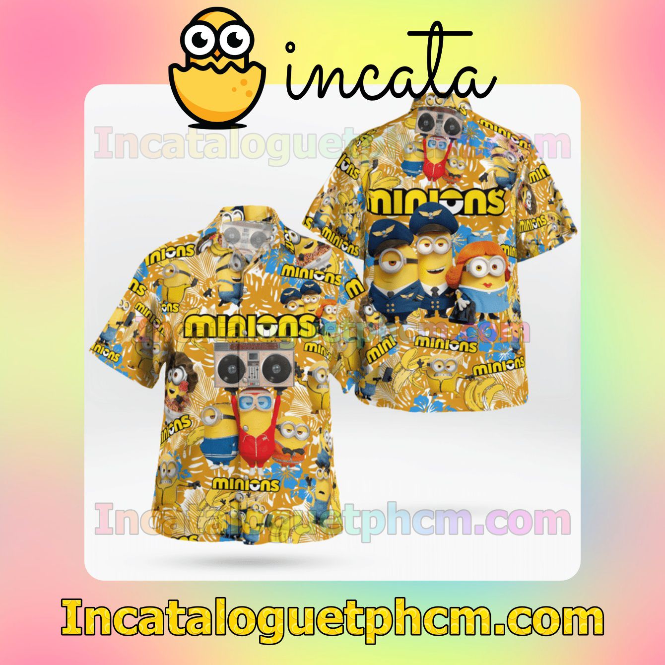 Minion With Cassette Yellow Tropical Mens Short Sleeve Shirts