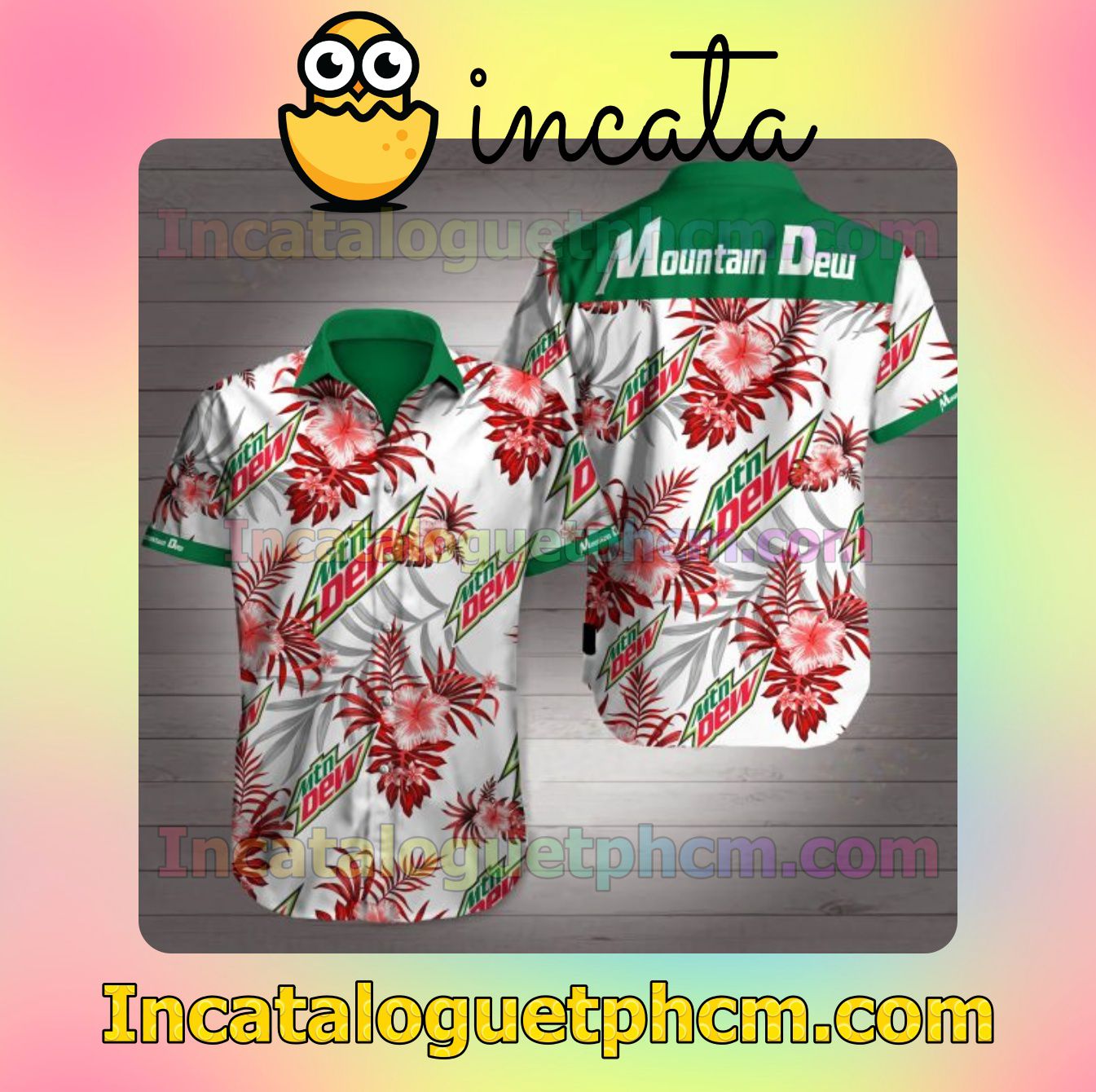 Mountain Dew Red Tropical Floral White Mens Short Sleeve Shirt