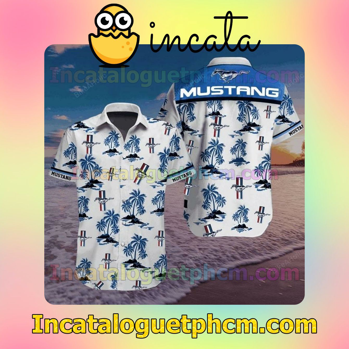 Mustang Blue Palm Tree White Short Sleeve Shirt