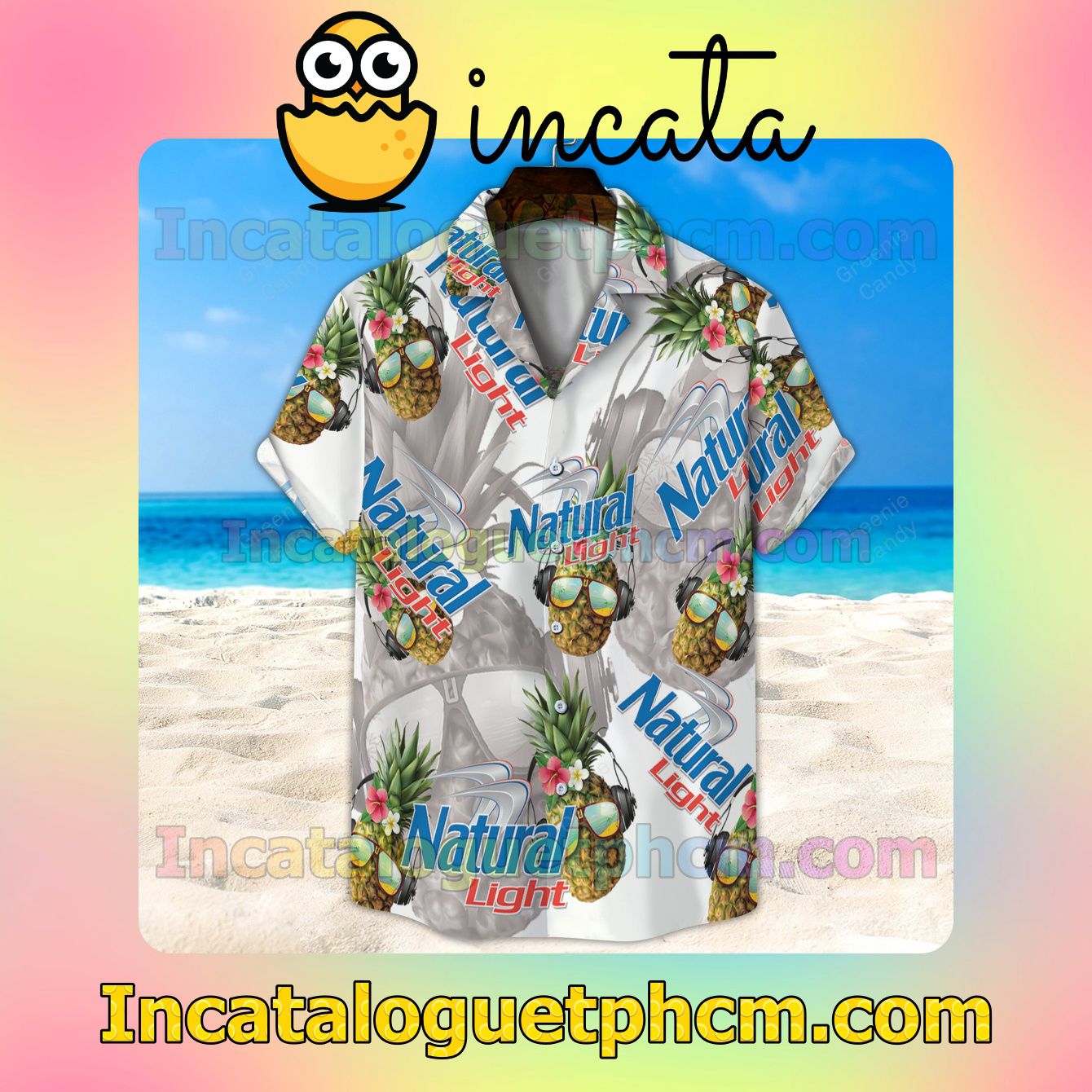 Natural Light Funny Pineapple Button Shirt And Swim Trunk