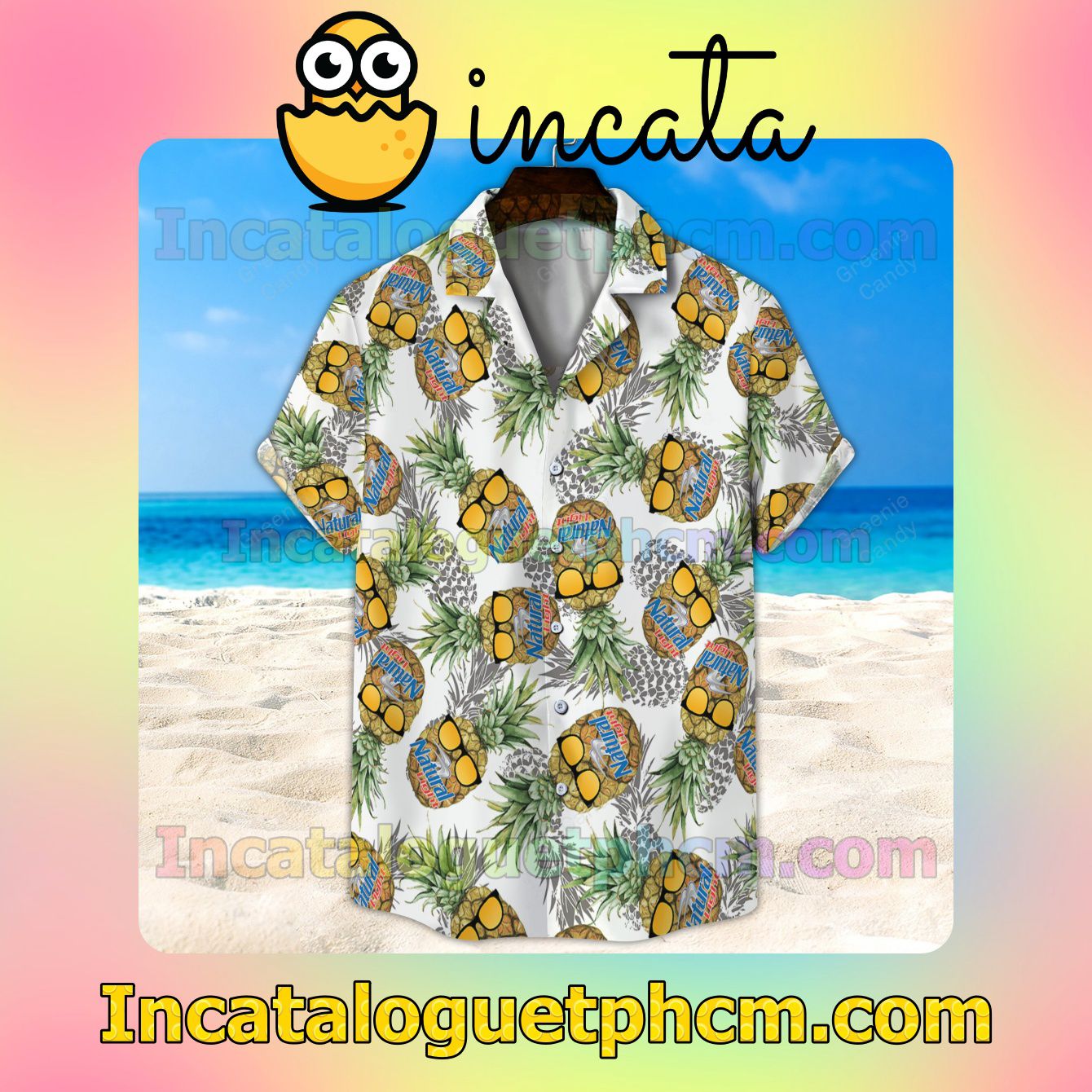 Natural Light Funny Pineapple Seamless Pattern Button Shirt And Swim Trunk