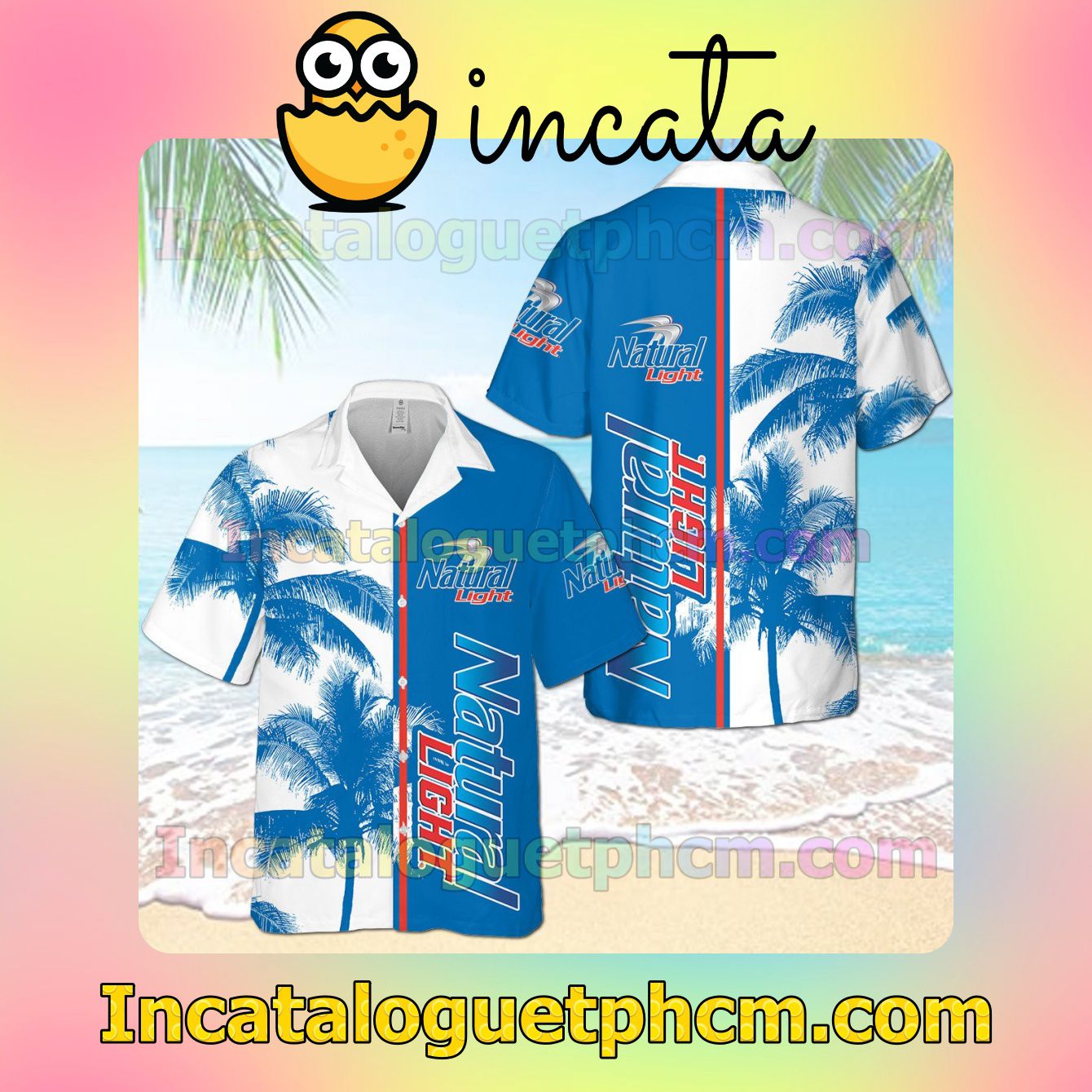 Bud Light Palm Tree White Blue Button Shirt And Swim Trunk