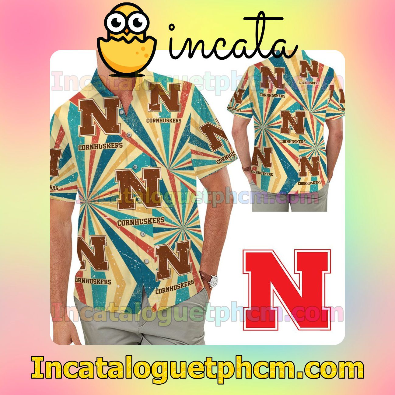 Nebraska Cornhuskers Retro Vintage Style Beach Vacation Shirt, Swim Shorts