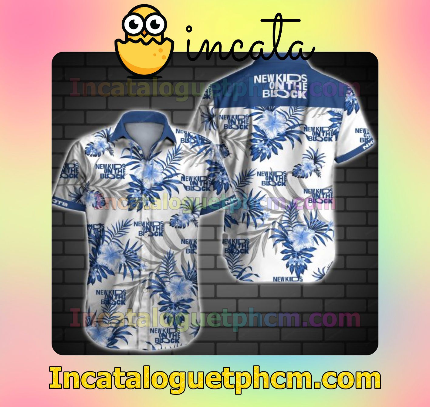 New Kids On The Block Blue Tropical Floral White Mens Short Sleeve Shirt
