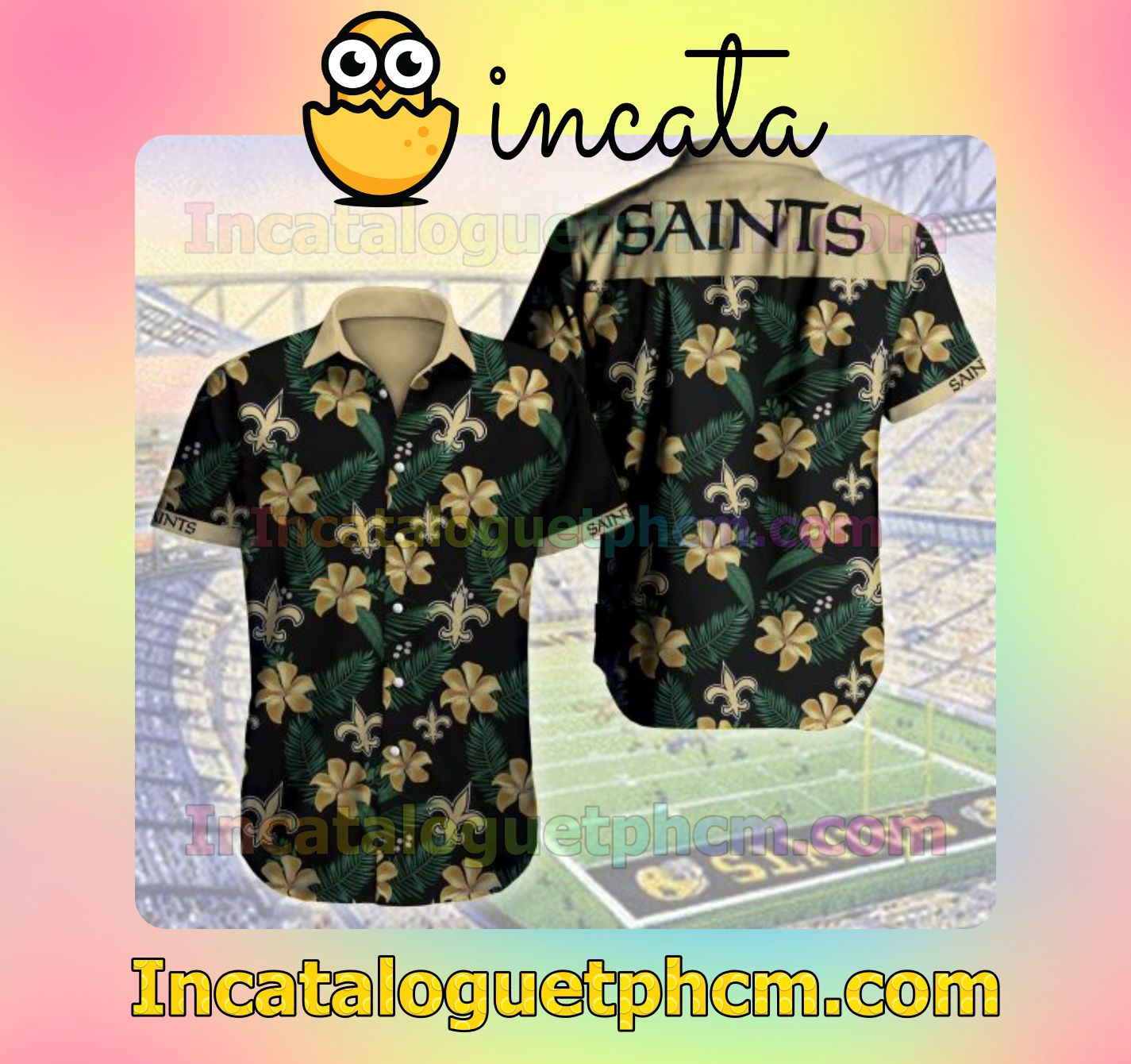 New Orleans Saints Tropical Flower Pattern Golden Black Mens Short Sleeve Shirt