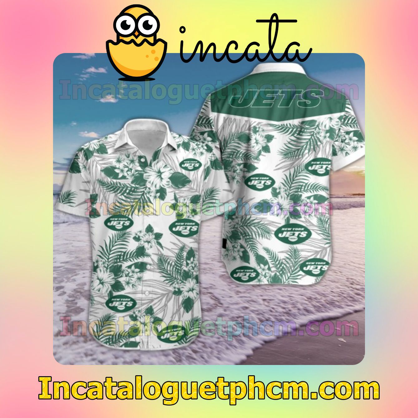 New York Jets Logo And Hibiscus Flowers Green White Mens Short Sleeve Shirt