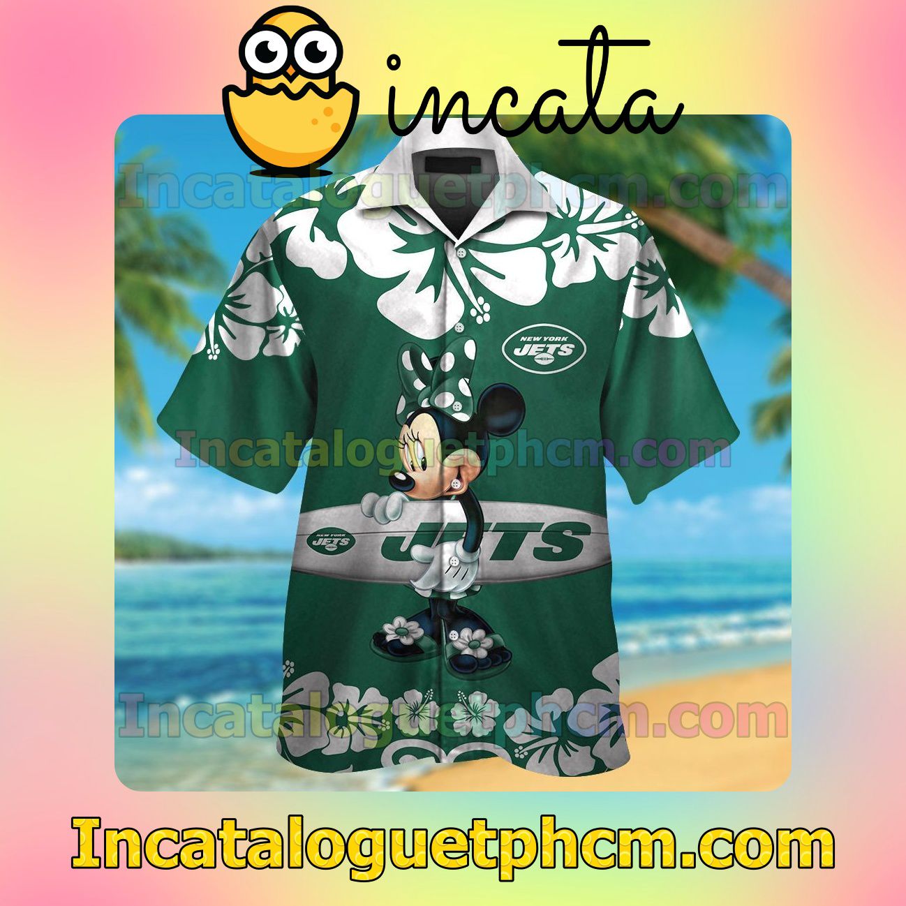 New York Jets & Minnie Mouse Beach Vacation Shirt, Swim Shorts