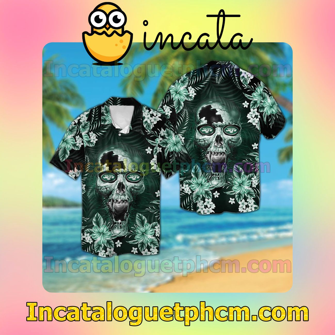 New York Jets Skull Beach Vacation Shirt, Swim Shorts