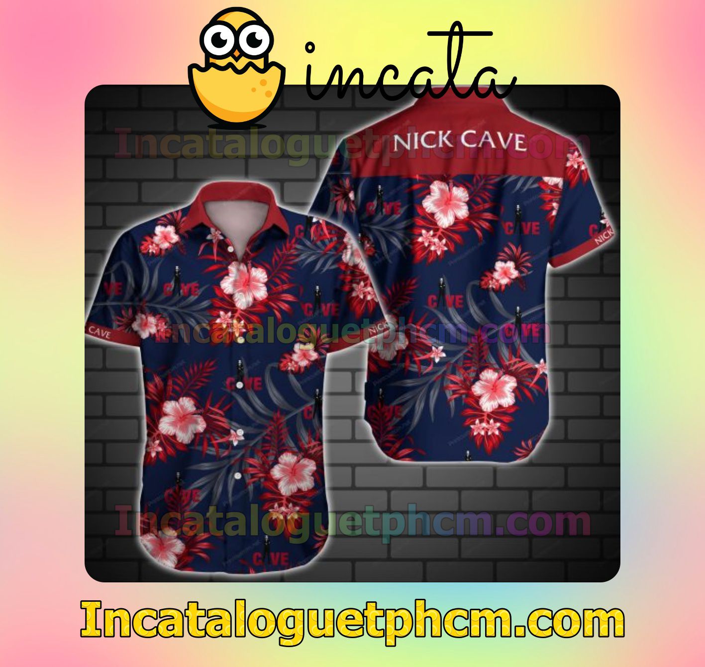 Nick Cave Red Tropical Floral Navy Mens Short Sleeve Shirt