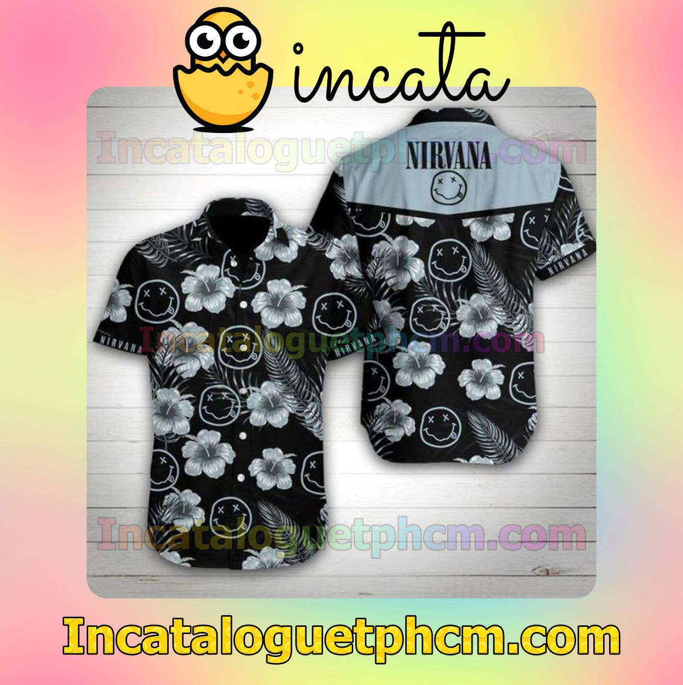 Nirvana Grey Hibiscus Black Short Sleeve Shirt